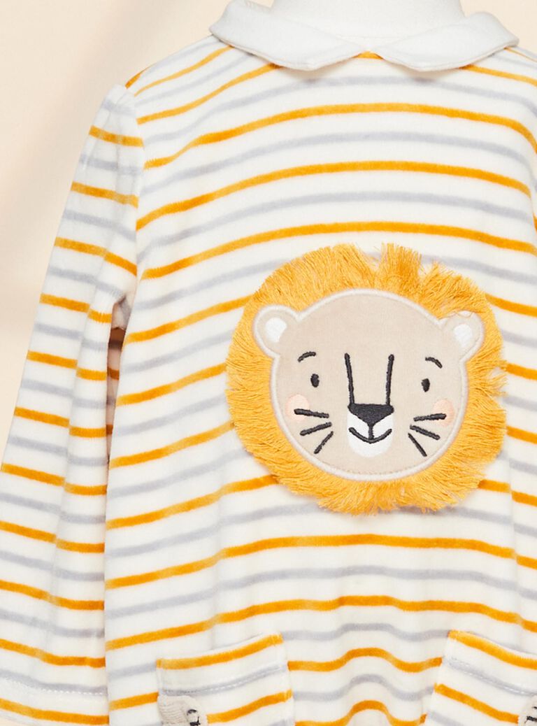 Grenouillère et son bonnet en velours écru à rayures multicolores