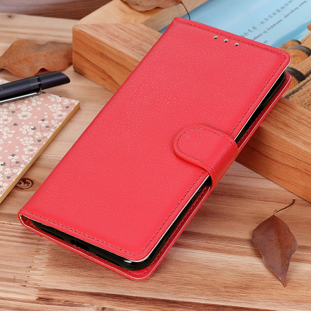 iPhone 16 Leder Tasche Flip Cover Litchi Look - Rot