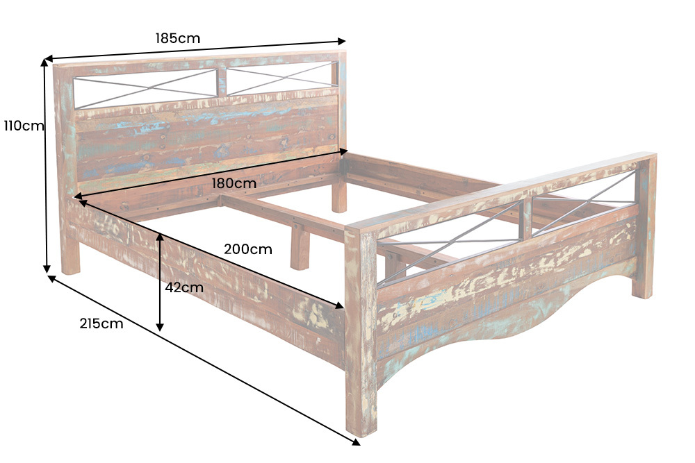 Einzigartiges Bett JAKARTA 185cm braun bunt aus recycelten Fischerbooten Massivholz