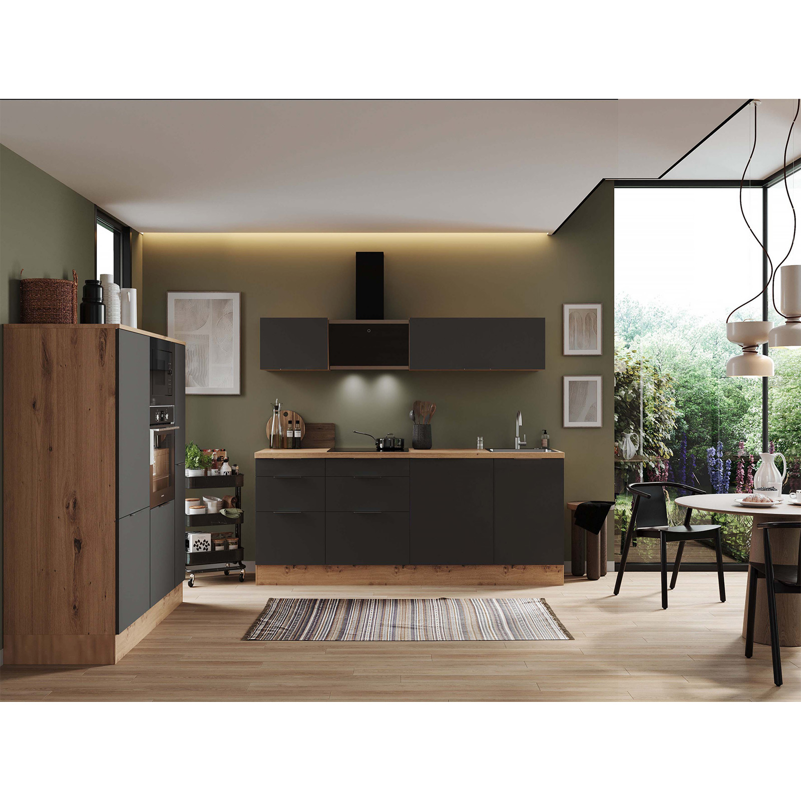 Küchenblock - grau matt - Artisan Eiche - mit E-Geräten - 370 cm