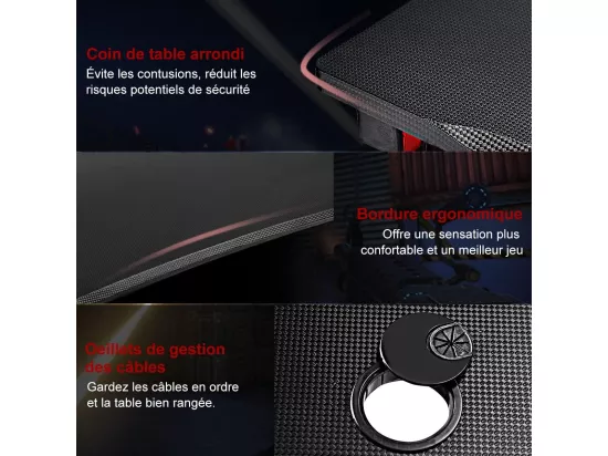 Bureau Gamer 60 x 115 cm, Tapis de Souris, Support pour Ecouteurs et Support pour Tasse, Porte-Gobelet, Surface en Fibre de Carbone et Cadre en Acier, Table de Gaming pour E-Sport, Noir+Rouge