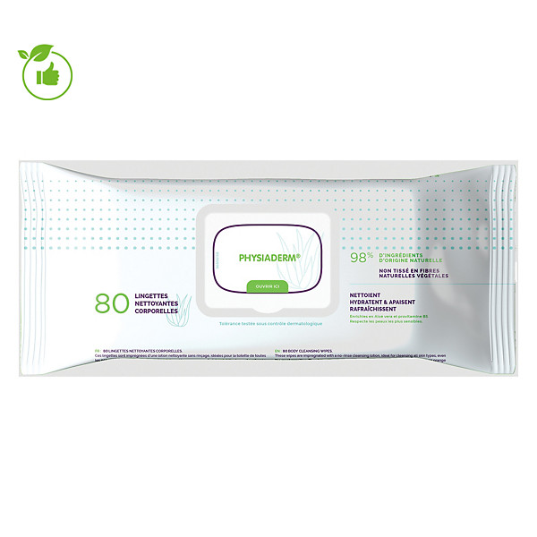 Lingettes nettoyantes corporelles Physiaderm, paquet de 80