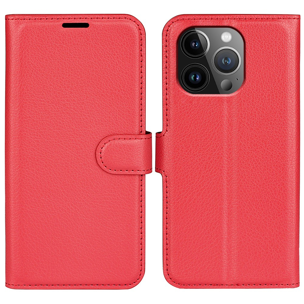 iPhone 15 Pro Leder Tasche Flip Cover Litchi Look - Rot