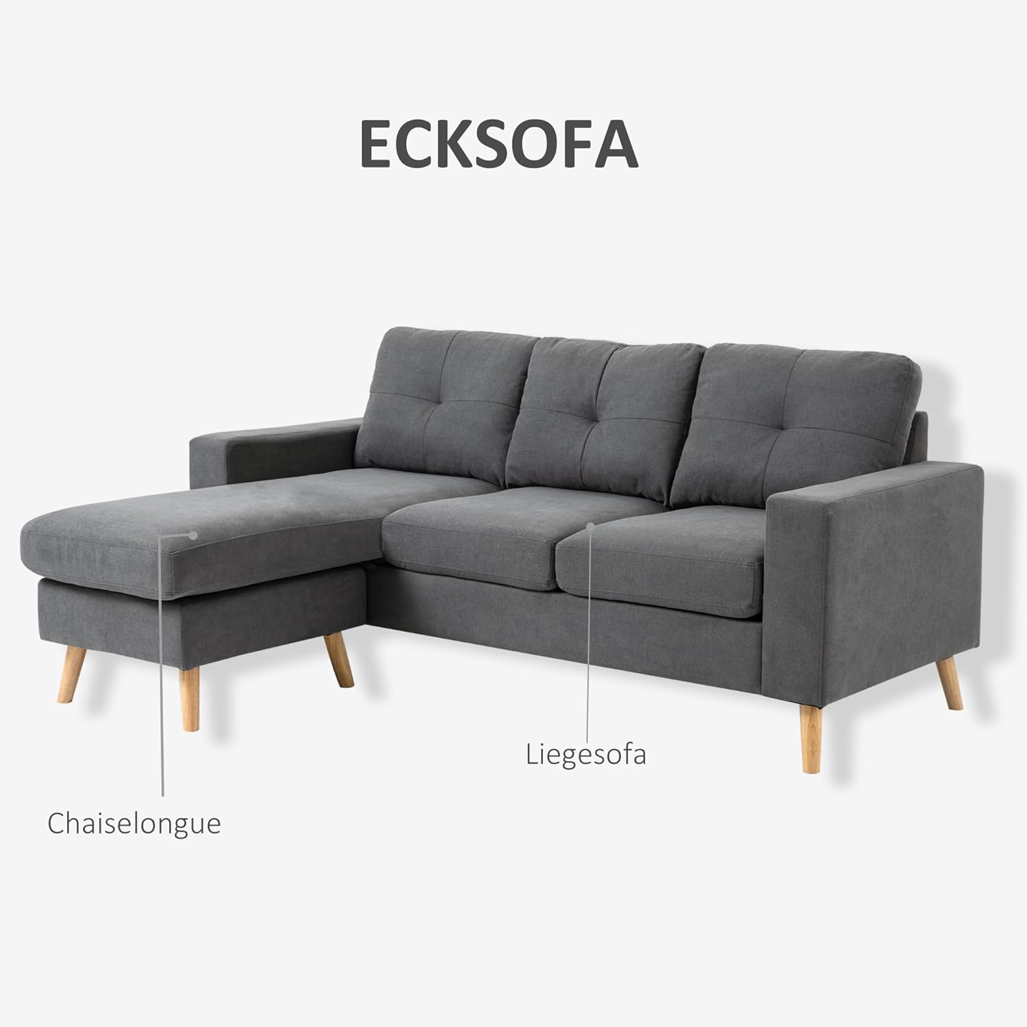 HOMCOM Ecksofa L-Form Sofa mit 3 Kissen, Eckcouch mit Knopfheftung, Leinenoptik, Veränderbare Chaiselounge Couch Wohnlandschaft für Wohnzimmer, Schlafzimmer 193 x 136 x 85 cm Dunkelgrau