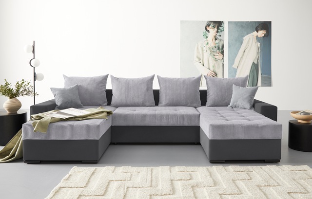 COLLECTION AB Wohnlandschaft »Josy XL U-Form, B: 313 cm in Cord, Cord-Mix« mit Bettfunktion, Bettkasten & 2 Zierkissen, Federkern