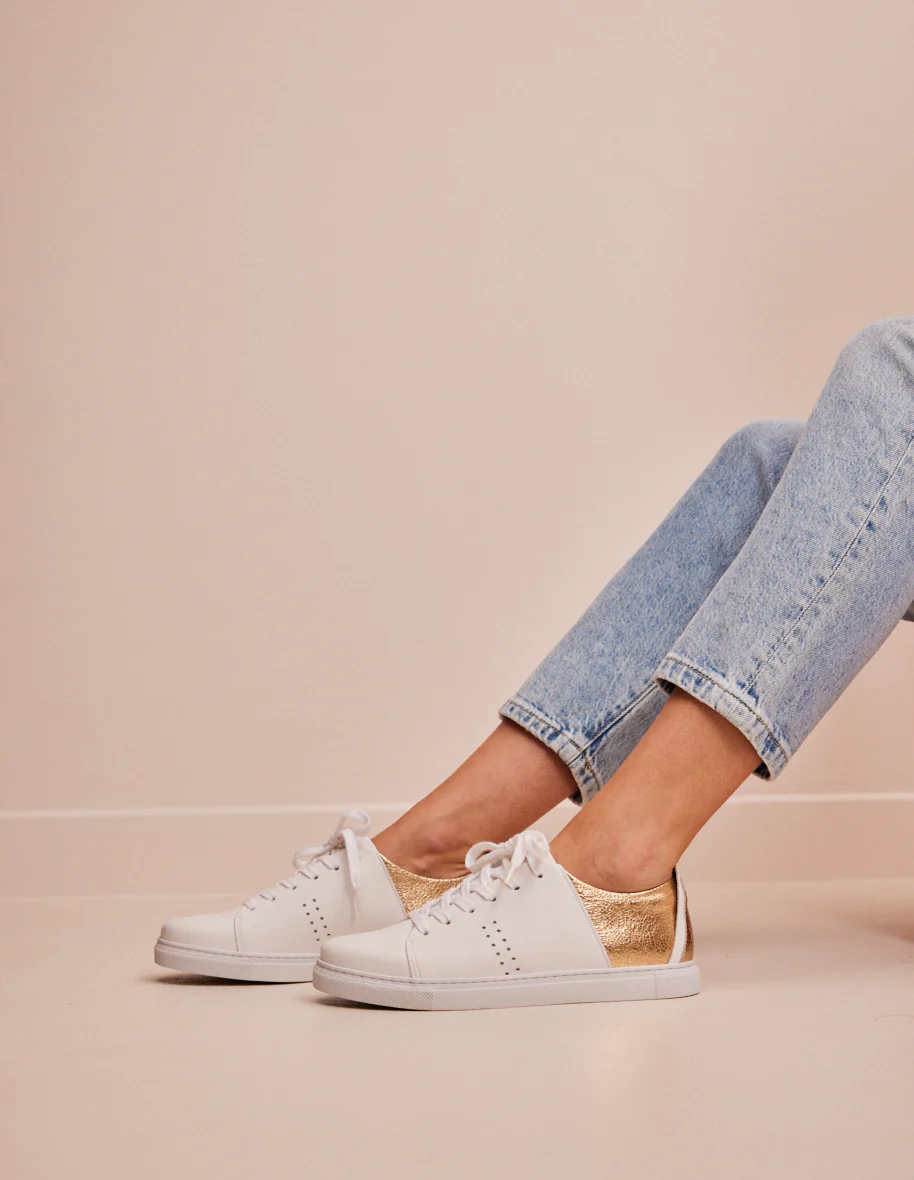 Baskets basses Renée - Cuir Blanc Craquelé Doré