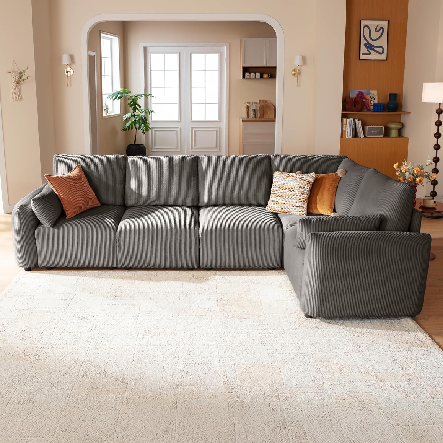 Modulares Ecksofa 245cm, modernes Cord-Schlafsofa in L-Form, 5 Sziter individuell konfigurierbare Wohnlandschaft, hochdichter Memory-Schaum, abnehmbare & waschbare Kissenbezüge, Grau