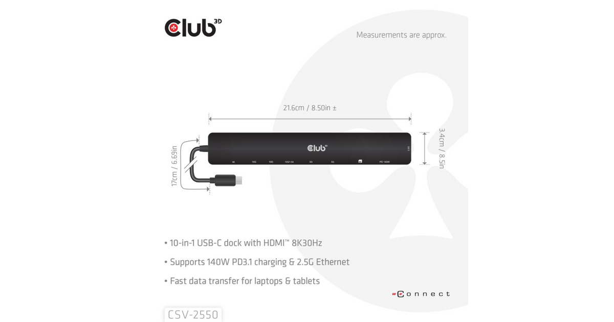 Club 3D10-1 Portable Dock USB Type-C 10Gbps to HDMI 8K30Hz PD3.1 Max.140 Watt dockingstation  (Zwart, HDMI, USB-C, LAN)