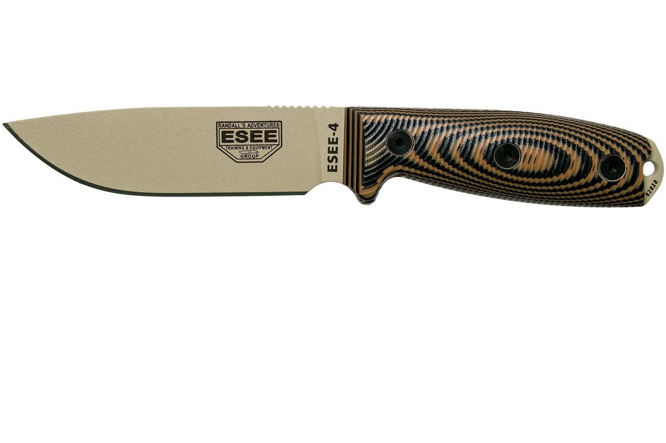 ESEE Model 4 Desert Tan Blade 3D Coyote-Black G10 survivalmes 4PDT-005 zwarte schede   riemclip