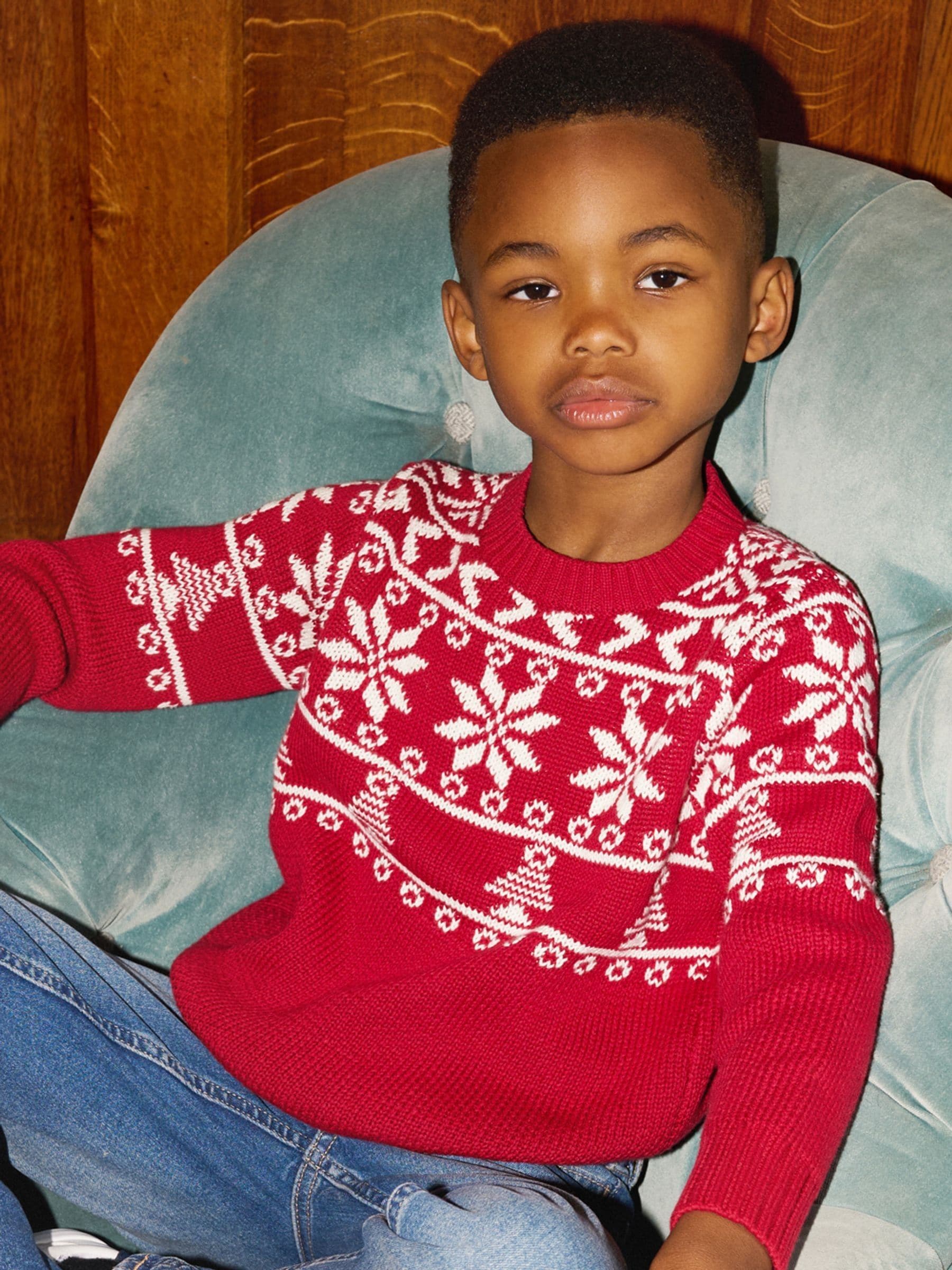 The Little Tailor rode kersttrui voor kinderen met half fairisle-motief van katoen