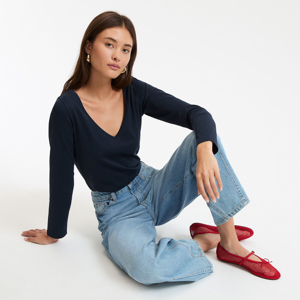 COLEÇÕES LA REDOUTE<br>Camiseta de algodão orgânico, gola V, mangas compridas