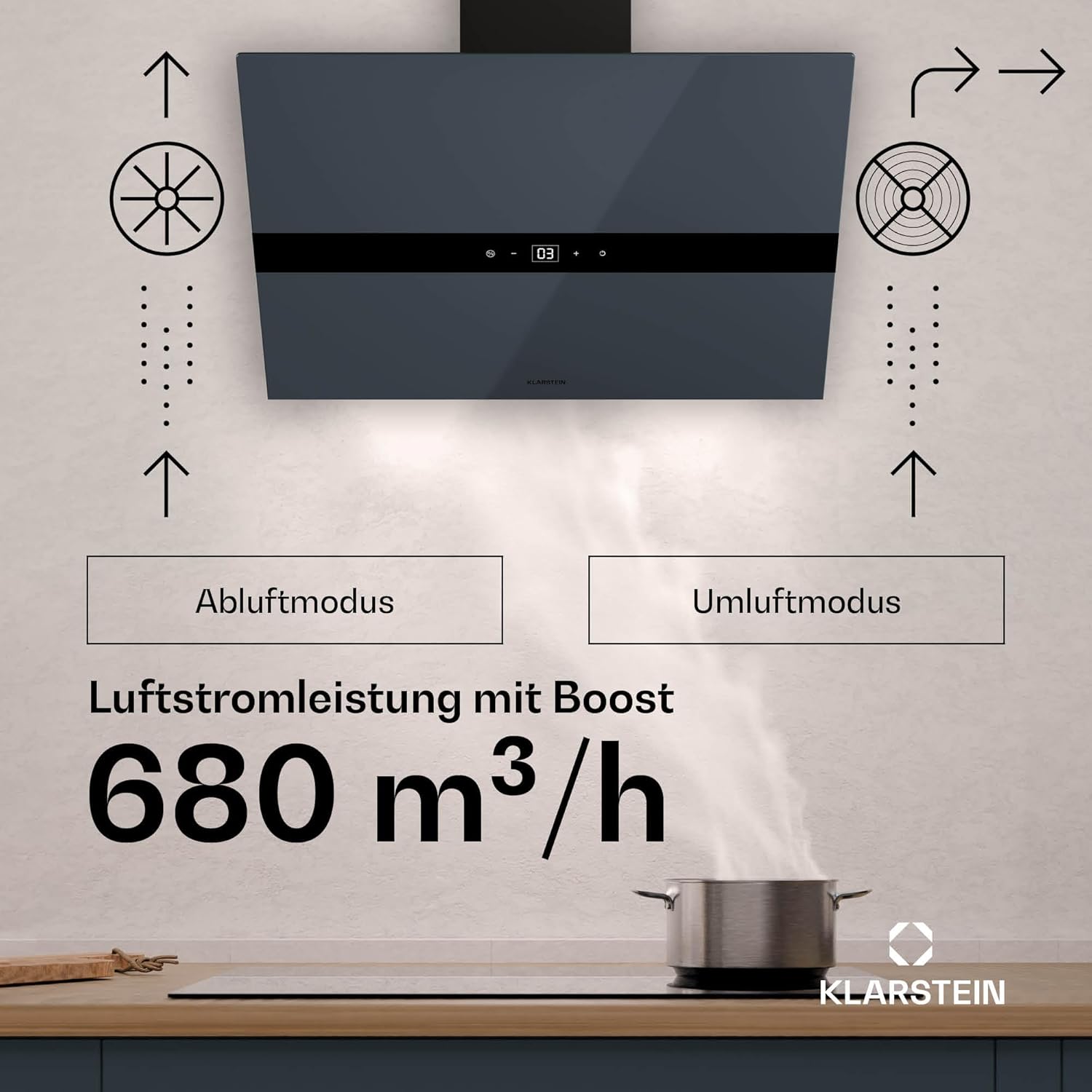 Klarstein WiFusion Dunstabzugshaube - 60 cm Abzugshaube, WLAN-Steuerung, 680 m³/h Luftstrom, A++ Energieeffizienz, LED-Beleuchtung, Touch-Bedienfeld, Schwarz, Abluft & Kohlefilter