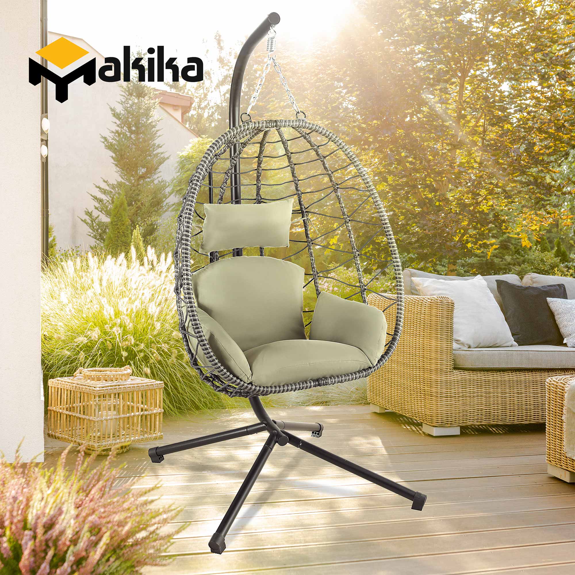 Makika Hängesessel mit Gestell höhenverstellbar aus Polyrattan in Grün / Grau
