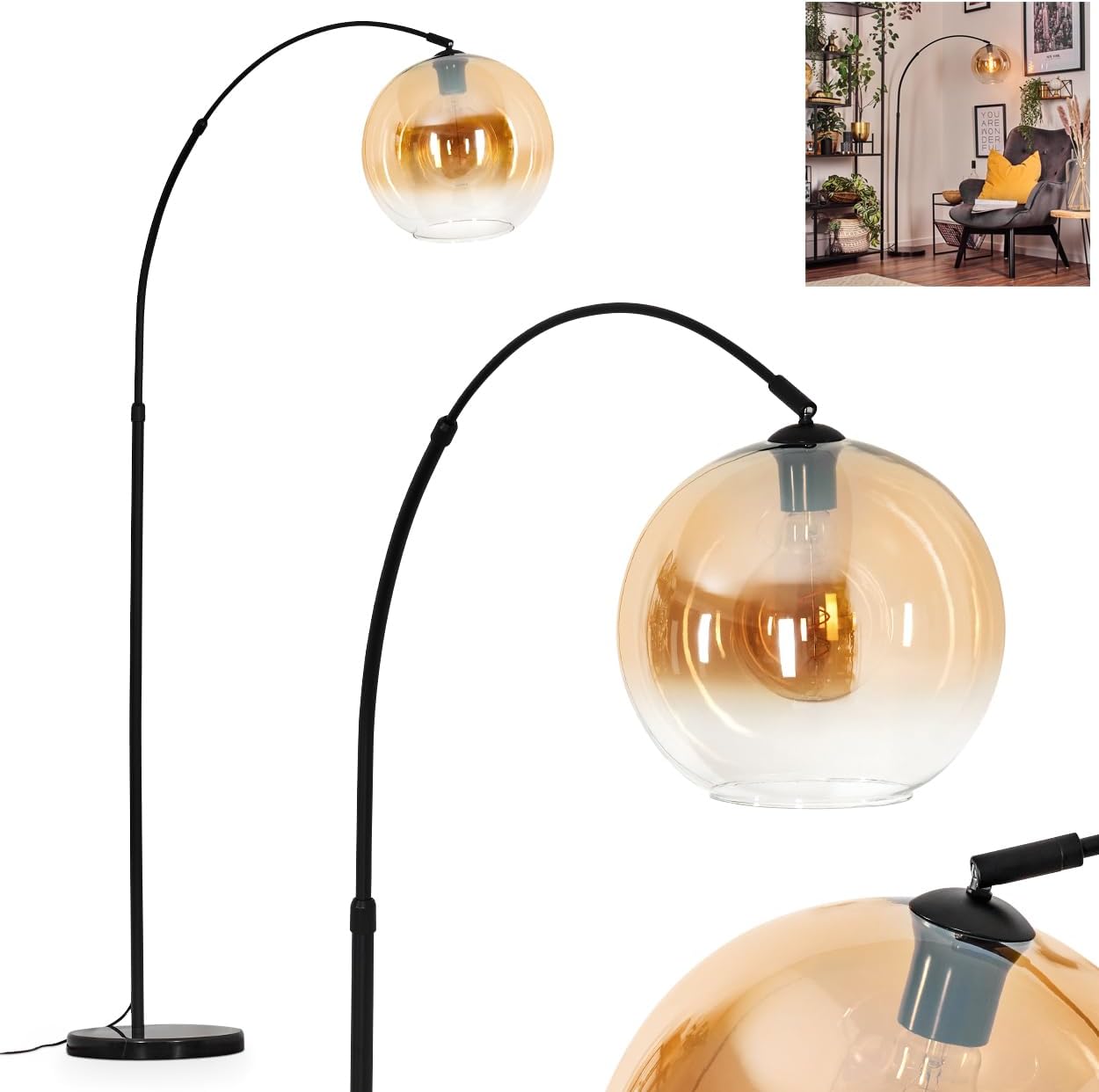 HOFSTEIN Stehleuchte Koyoto, Stehlampe aus Metall/Glas in Schwarz/Bernstein/Klar mit Marmorfuß, verstellbare Leuchte im Retro-Design (Schirm Ø 30 cm), Fußschalter, E27, Wohnzimmer, Schlafzimmer, Flur