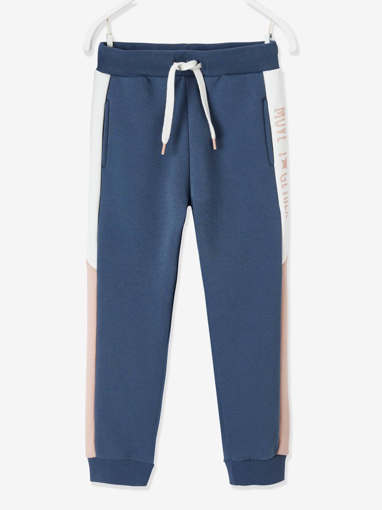 Calça de moletom com listras laterais, para meninas, azul escuro liso com estampas.