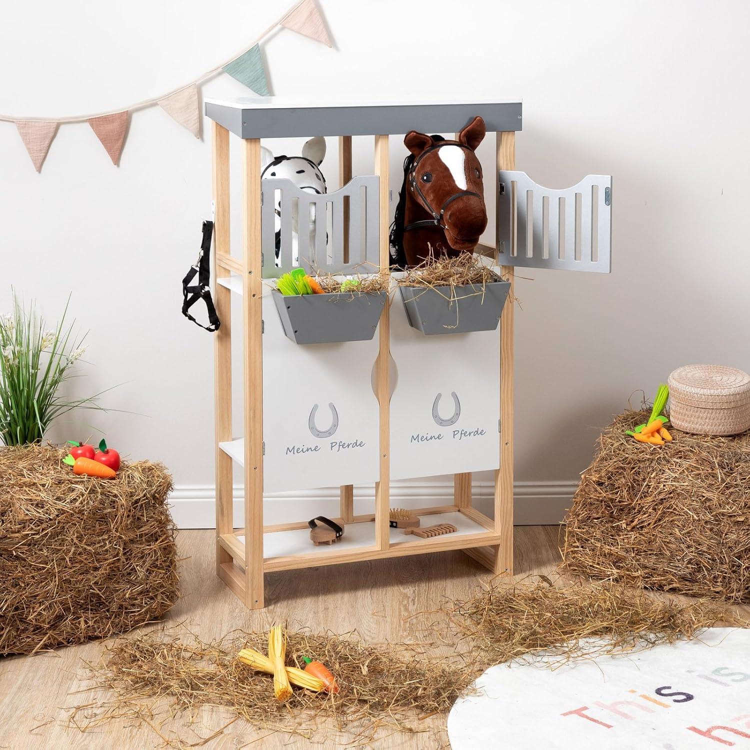 ELLA & PIET® Hobby Horse Stall Shelty aus Holz mit 2-teiliger Stalltür (Holz-Weiß) Pferdestall Holzstall für Pferde