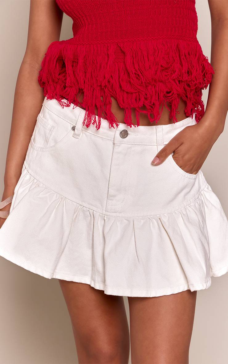 Blanc Jupe Mini En Denim Plissée À Taille Basse