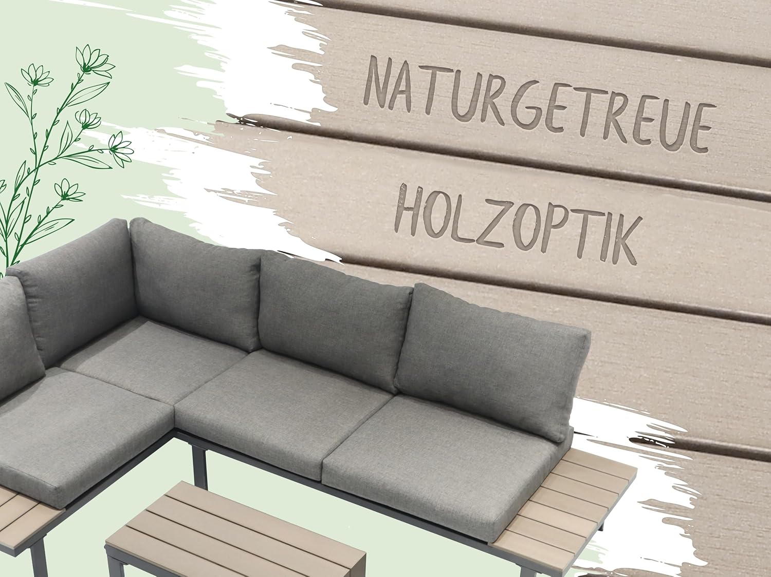 Koll Living Premium Lounge Set Calea – Modulares Gartenmöbel Set in Holzoptik – 3-TLG. Outdoor Sitzgruppe mit 2 Sofas, Tisch & Kissen – Wetterfest für Terrasse & Balkon - Exra Dicke Kissen