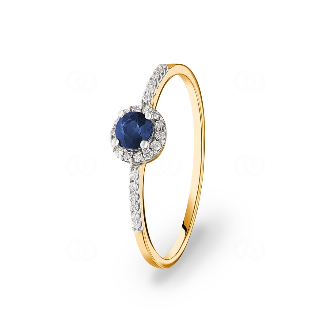Damenring 750/18 K Gelbgold mit Saphir rund und Diamanten 0.07 ct H/si
