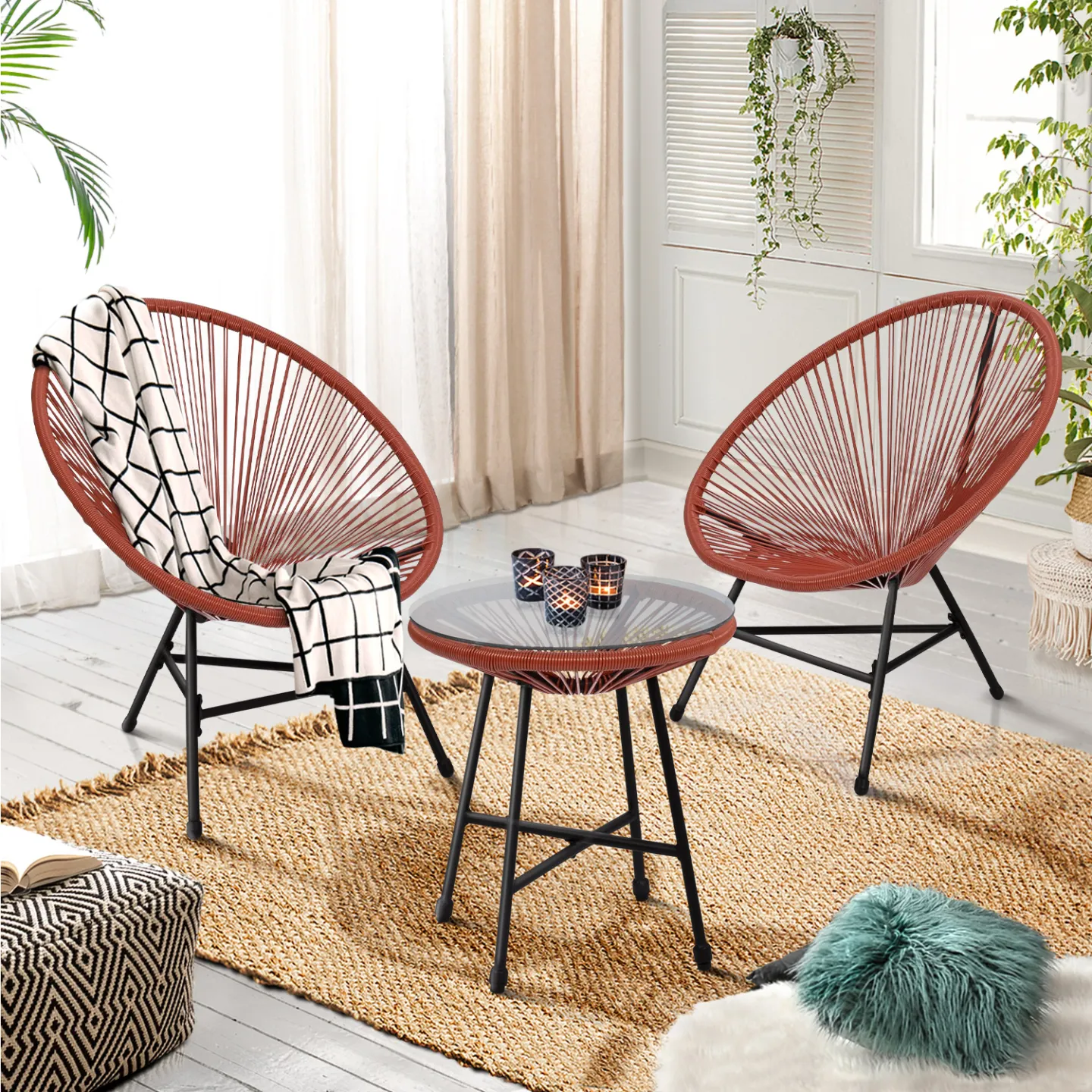 Salon de jardin IZMIR table et 2 fauteuils oeuf cordage terracotta