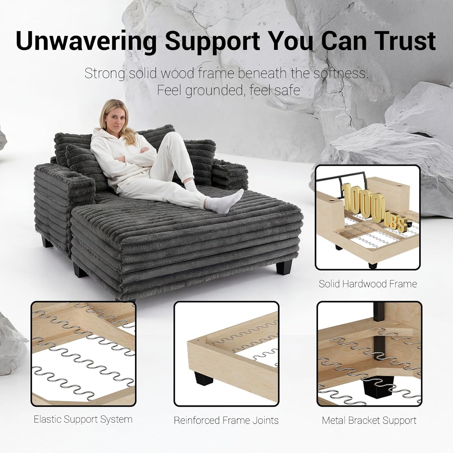 Oversized Chaiselongue Sofa, 163 cm Großer Schlafsessel mit stabilem Holzrahmen, Plüsch Cord Relaxliege mit 2 Getränkehaltern & 4 Taschen, Liegesessel für Wohnzimmer (Grau)