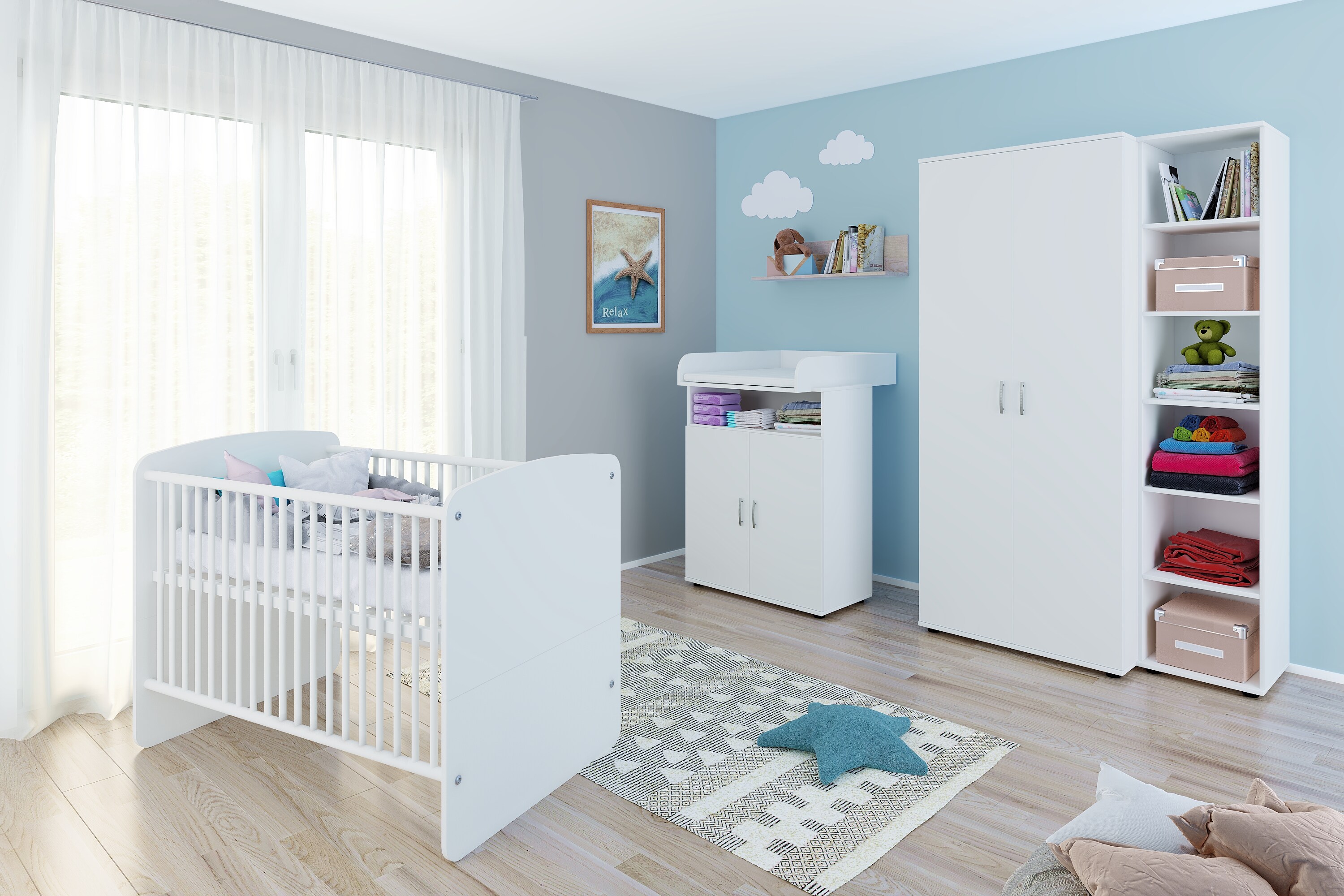 nonjoo. Babyzimmer Lunis Set 5: best. aus Babybett, Kommode, Wickelaufsatz, Wandboard, Regal mit 6 Fächern und Kleiderschrank 2-trg.