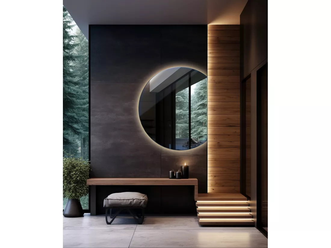 Miroir rond biseauté, miroir moderne avec rétroéclairage LED - 100 cm - Lumière neutre