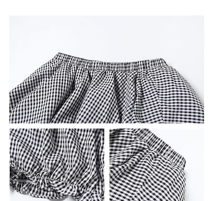 Bababy - Strapless asymmetrische crop top met effen rand / geruite mini A-lijn rok / set