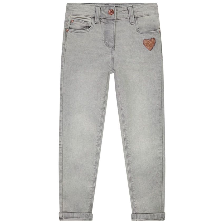 Jean droit en denim patch cœur pailleté pour fille - Gris chiné