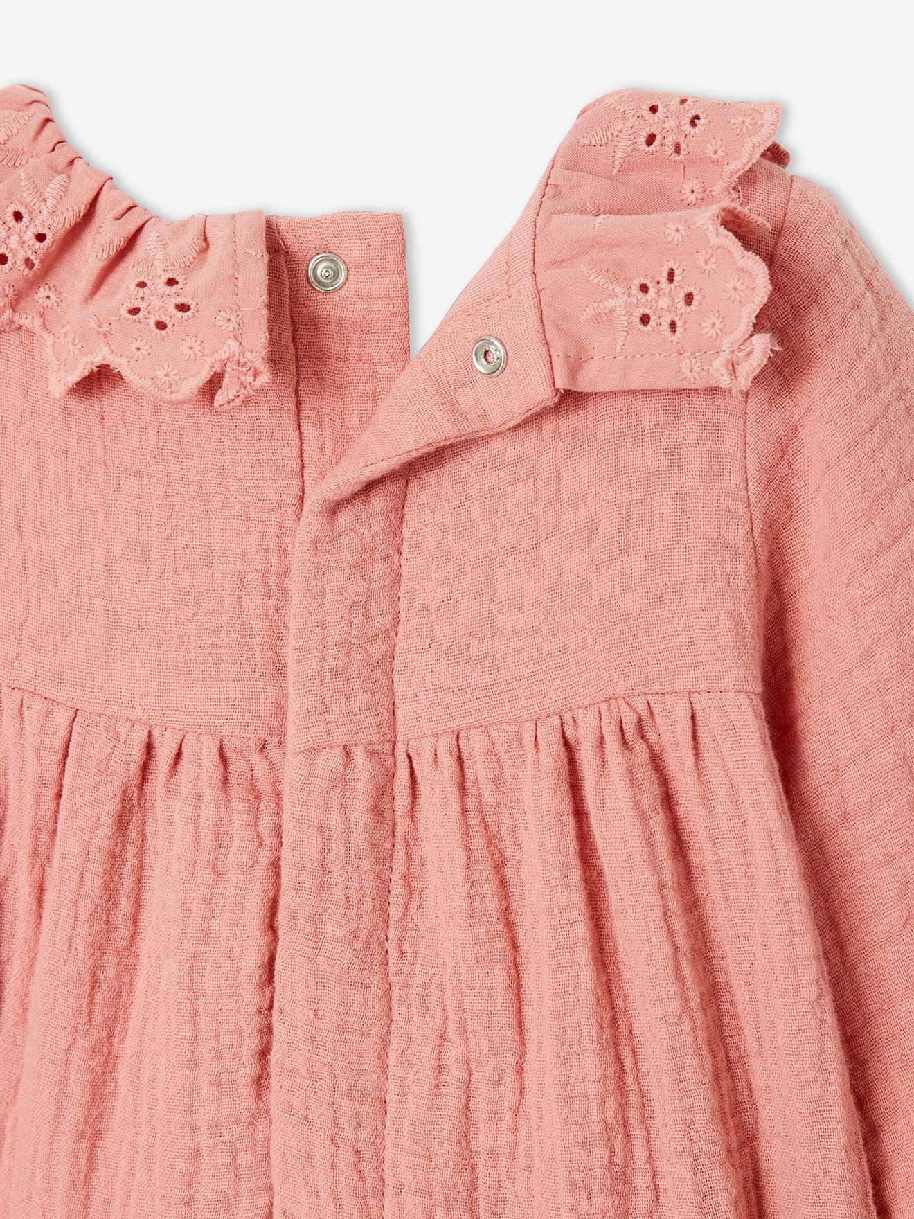 Macacão infantil rosa em chiffon de algodão, cor de maquiagem, com forro.