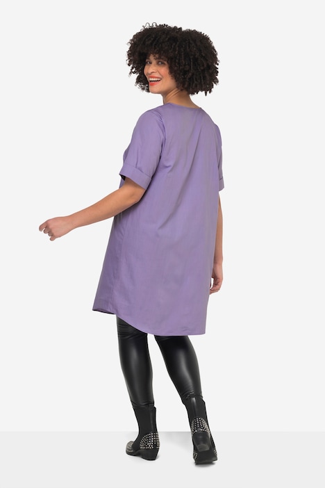 Longbluse, Popeline, V-Ausschnitt, Halbarm