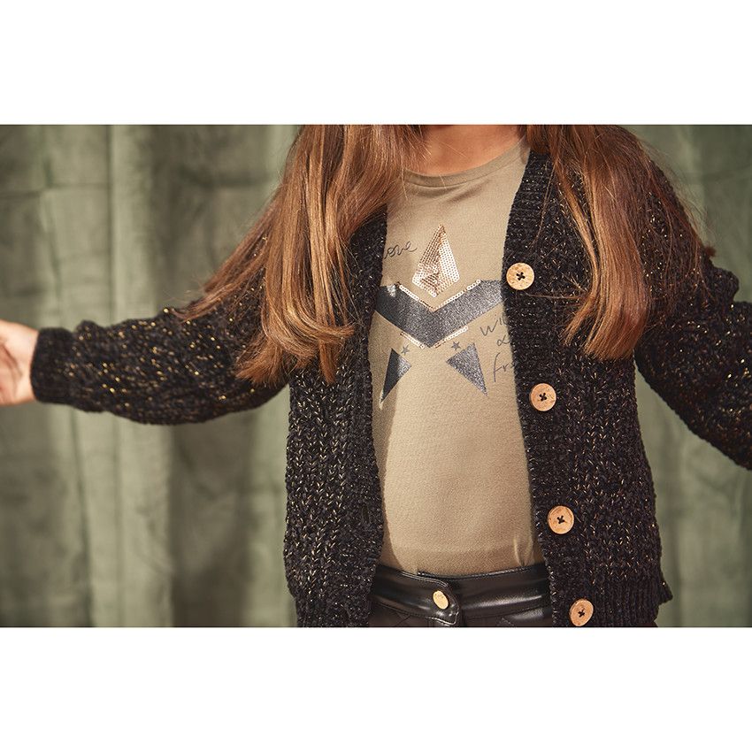 T-shirt manches longues en jersey print sequins pour fille - Kaki
