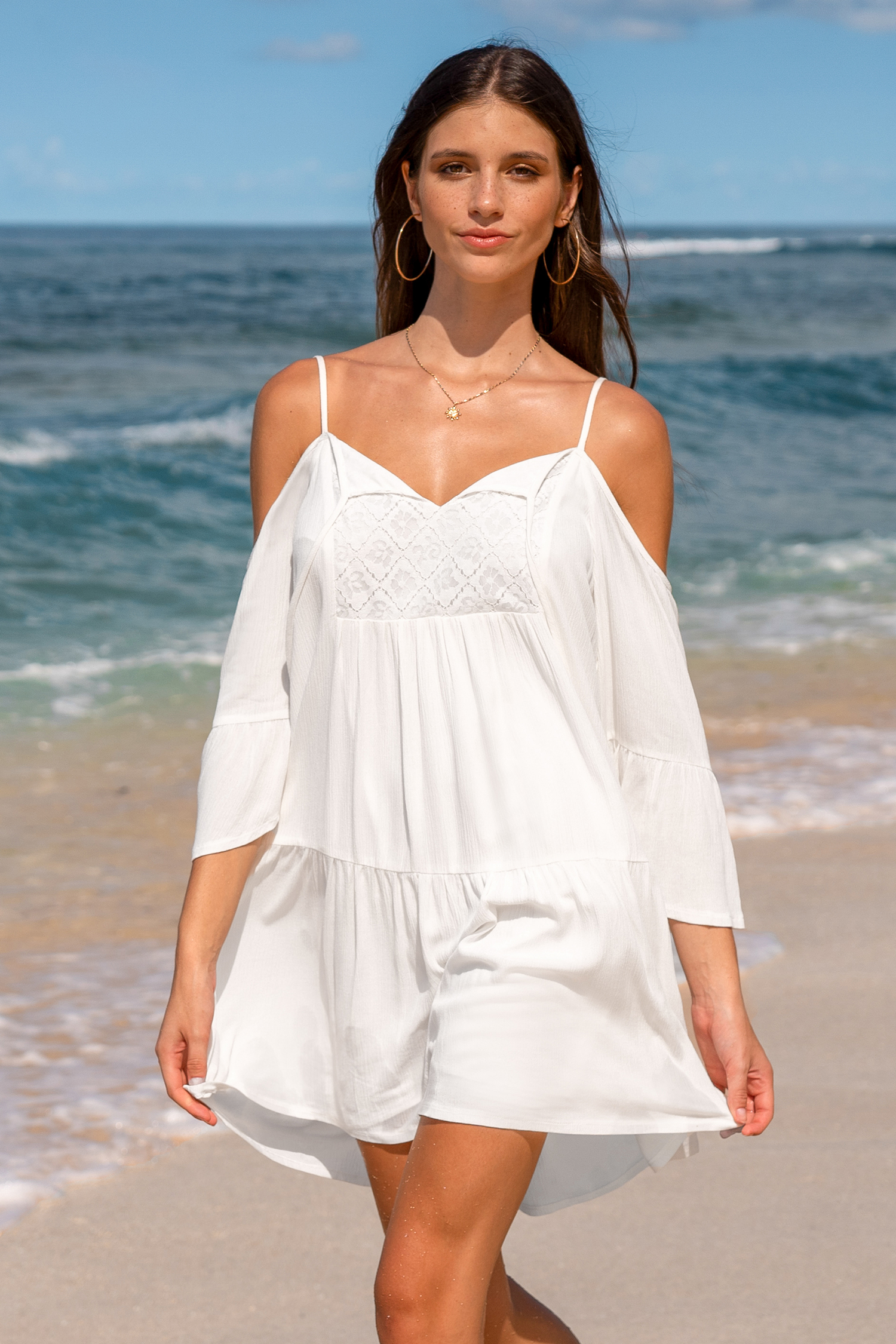 Robe mini avec col en V à lacer blanche