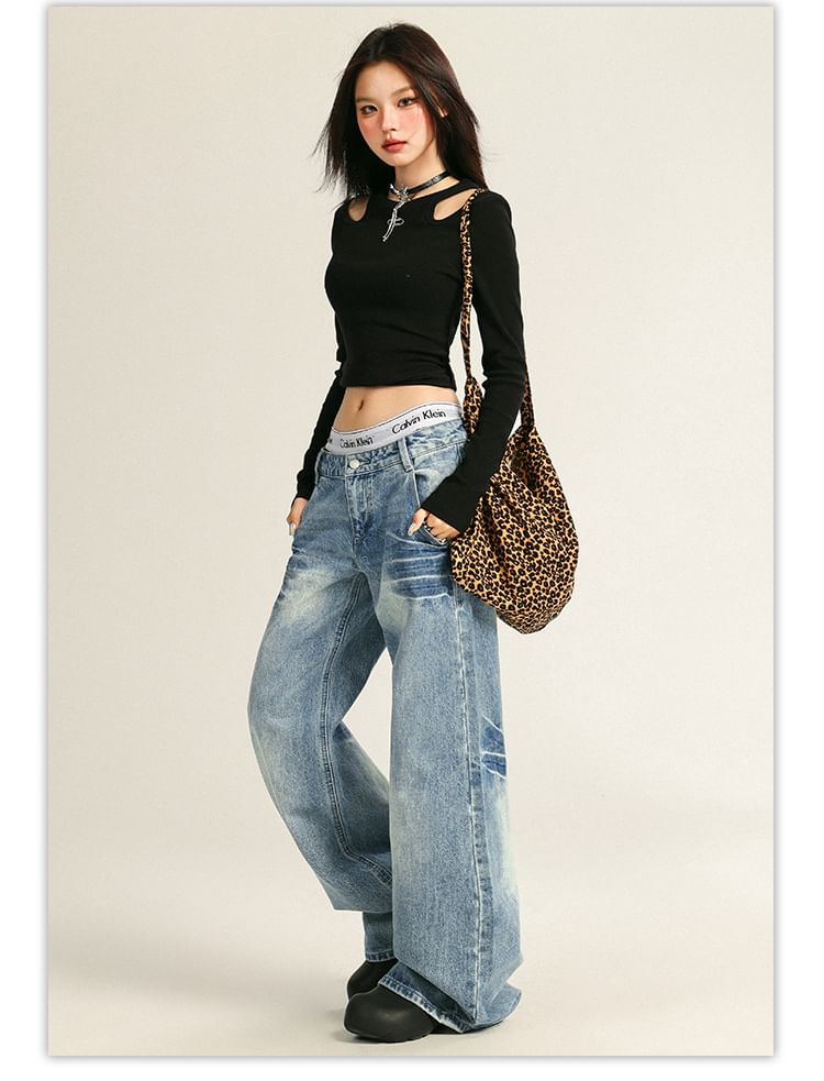Denimot - Mid Rise Washed Wide Leg Jeans (diverse designs)