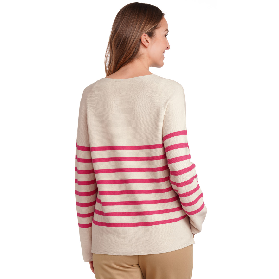 Gina Benotti Damen Feinstrickpullover mit Streifenmuster beige / pink