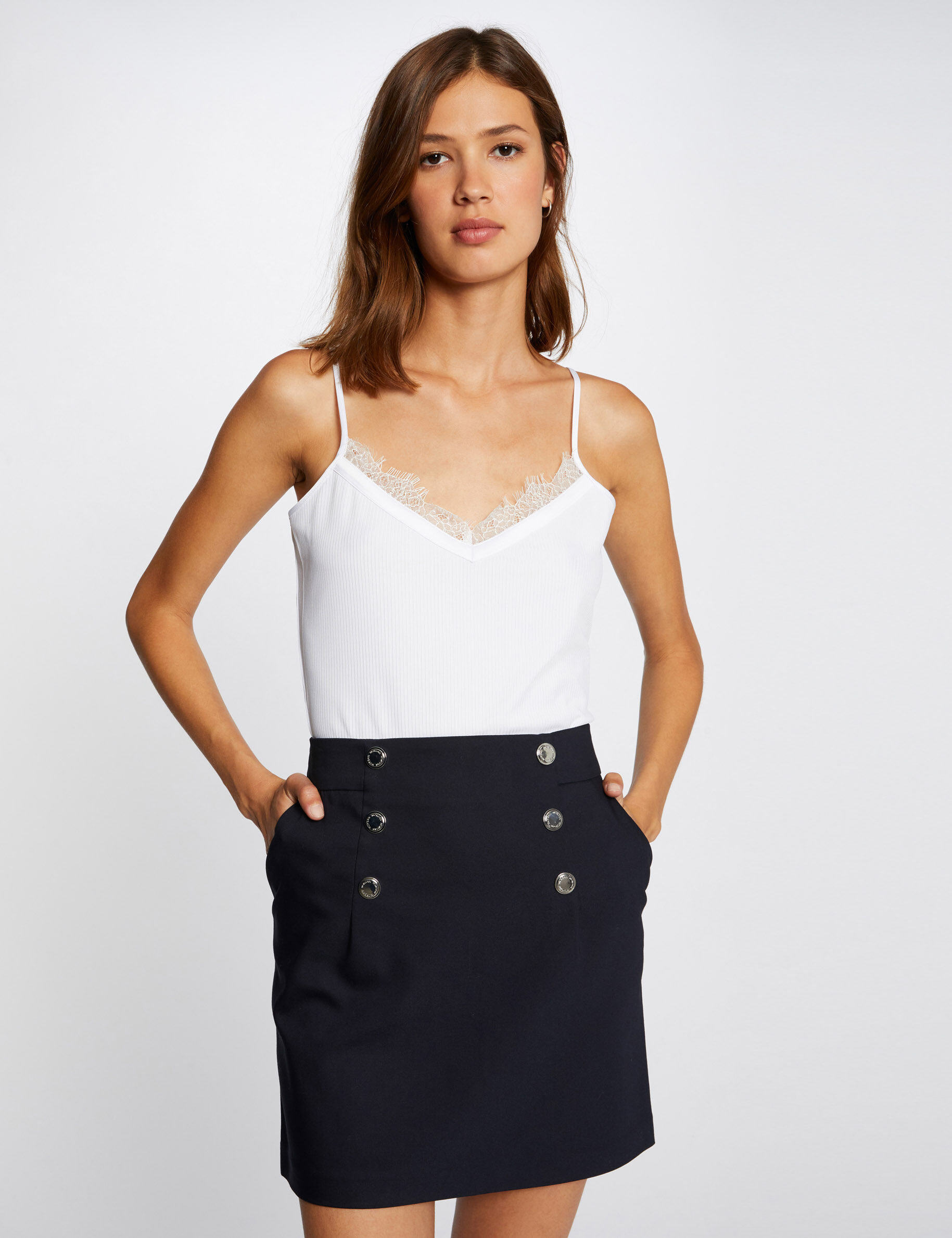 Jupe droite taille haute avec boutons marine femme - marine