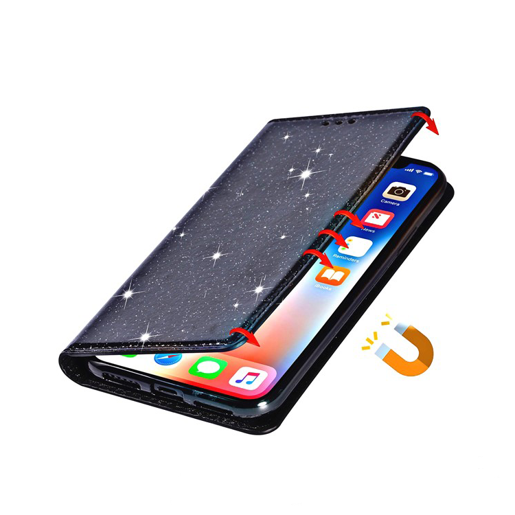 Samsung Galaxy S25 Flip Wallet Cover Leder Tasche Glitzer Optik - Schwarz