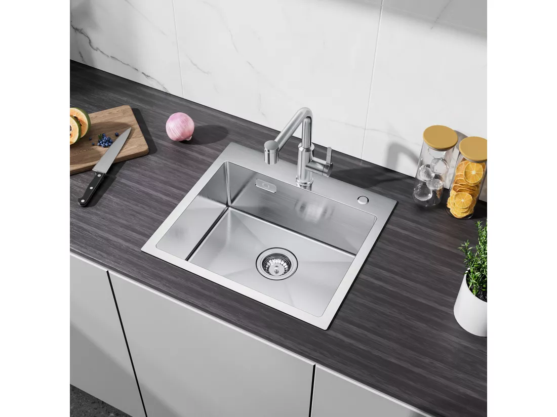 CECIPA MAX Évier Cuisine 1 Bac 50×45×18.5CM Évier Inox Brossé + Mitigeur de Cuisine Mural avec 2 Jets Noir