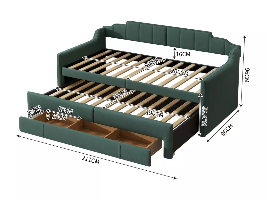 Lit gigogne mobile avec 3 tiroirs - 90 x 200 cm + 90 x 190 cm - lin et MDF - coloris vert