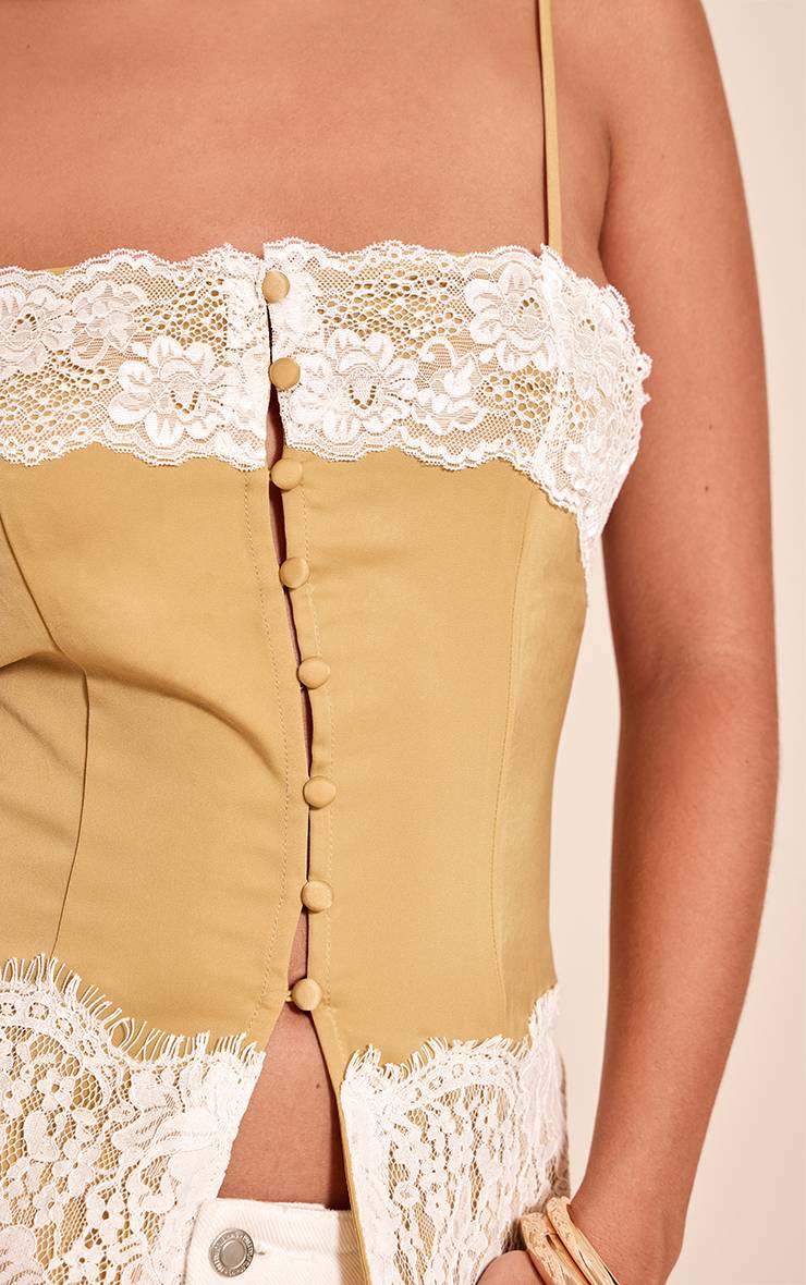 Vert Olive Caraco En Satin À Boutons Avec Détails En Dentelle