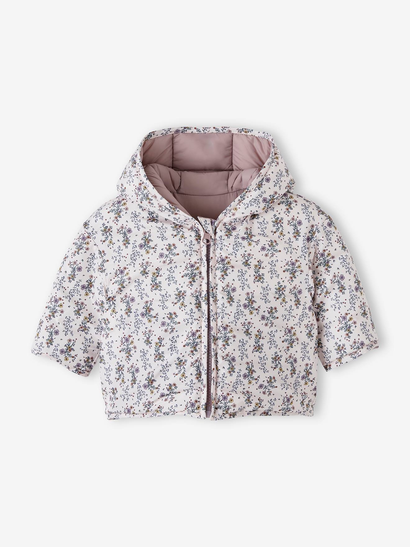 Casaco reversível acolchoado para bebê, roxo médio, liso com estampas.