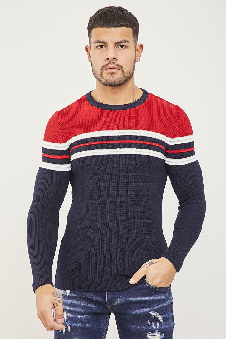Pull à bandes rouge/bleu