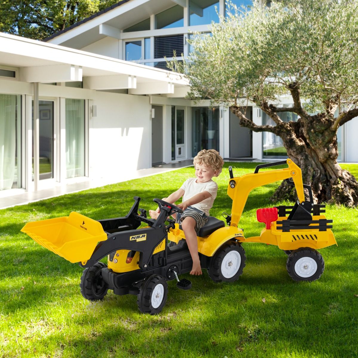 3 en 1 Tracteur pour Enfant avec 6 Roues Jouet Pelle Remorque Amovible avec Volant Klaxon 3 à 6 Ans Jaune/Vert - Lidl-Manfred
