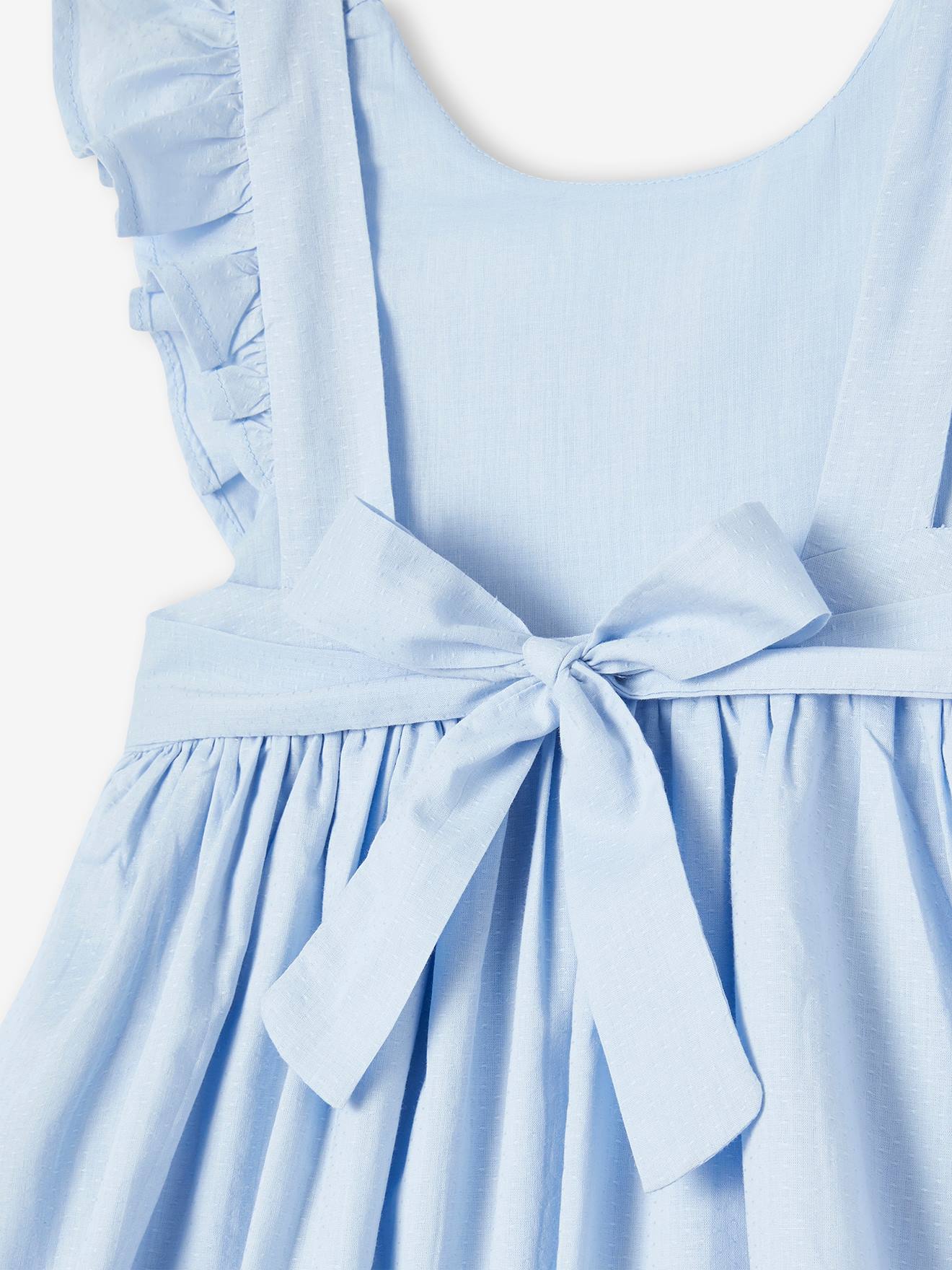 Vestido formal azul claro com babados e costas abertas para meninas