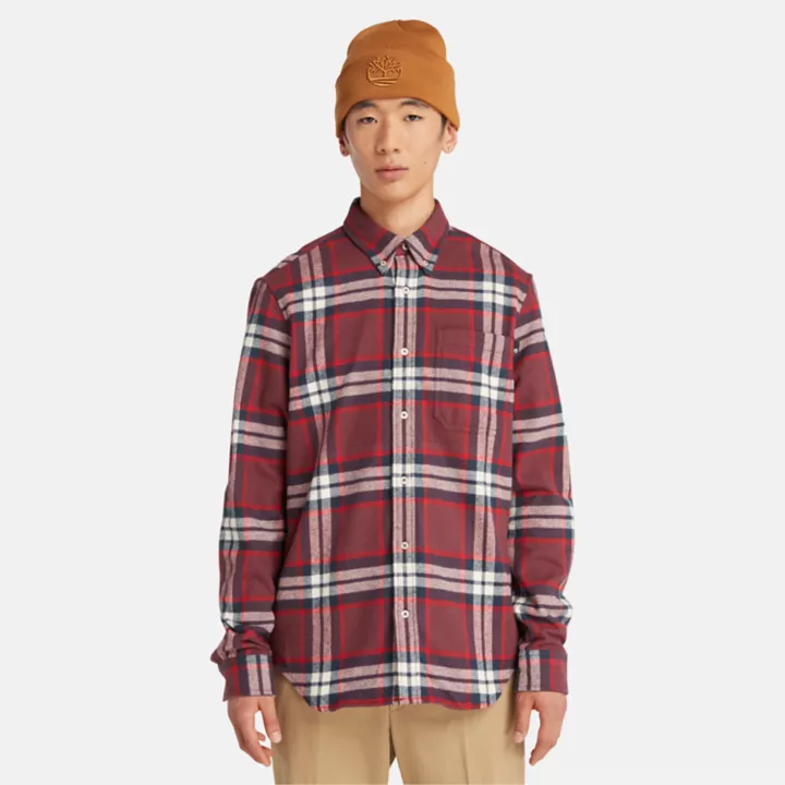 Camisa de flanela xadrez masculina em tons de vinho/vermelho/branco