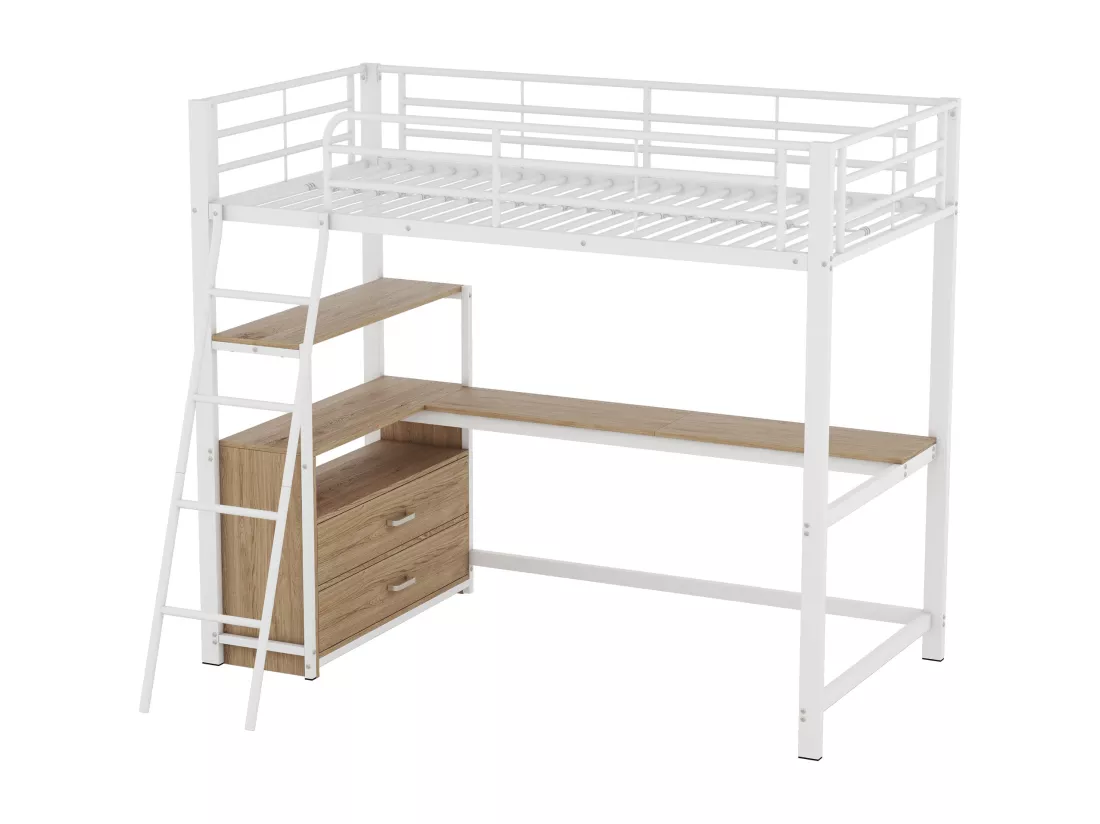 Lit mezzanine 90 x 200 cm avec bureau en L - 2 tiroirs et étagère - Métal+MDF - Sommier à lattes - Blanc (sans matelas)