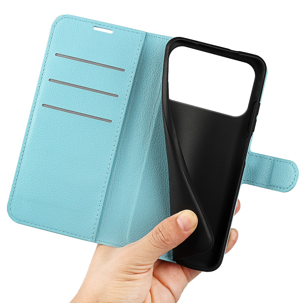 iPhone 17 Pro Max Leder Tasche Flip Cover Litchi Look - Blau