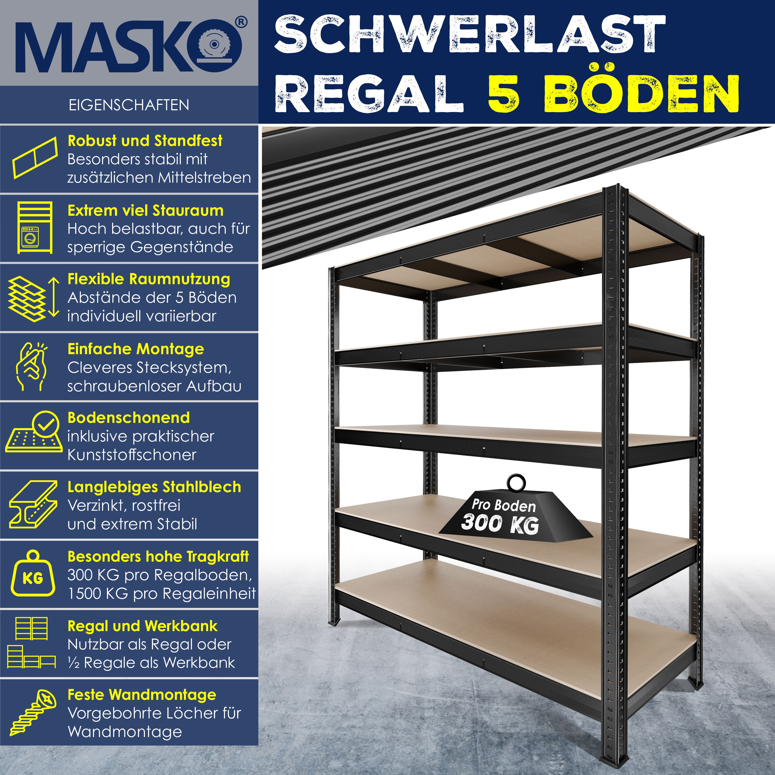 MASKO® Schwerlastregal Lagerregal Kellerregal 180x90x40cm, verstellbare Ablagen, MDF-Platten Regal aus Metall, Steckregal, Werkstattregal Stahlgestell Garage Werkbank