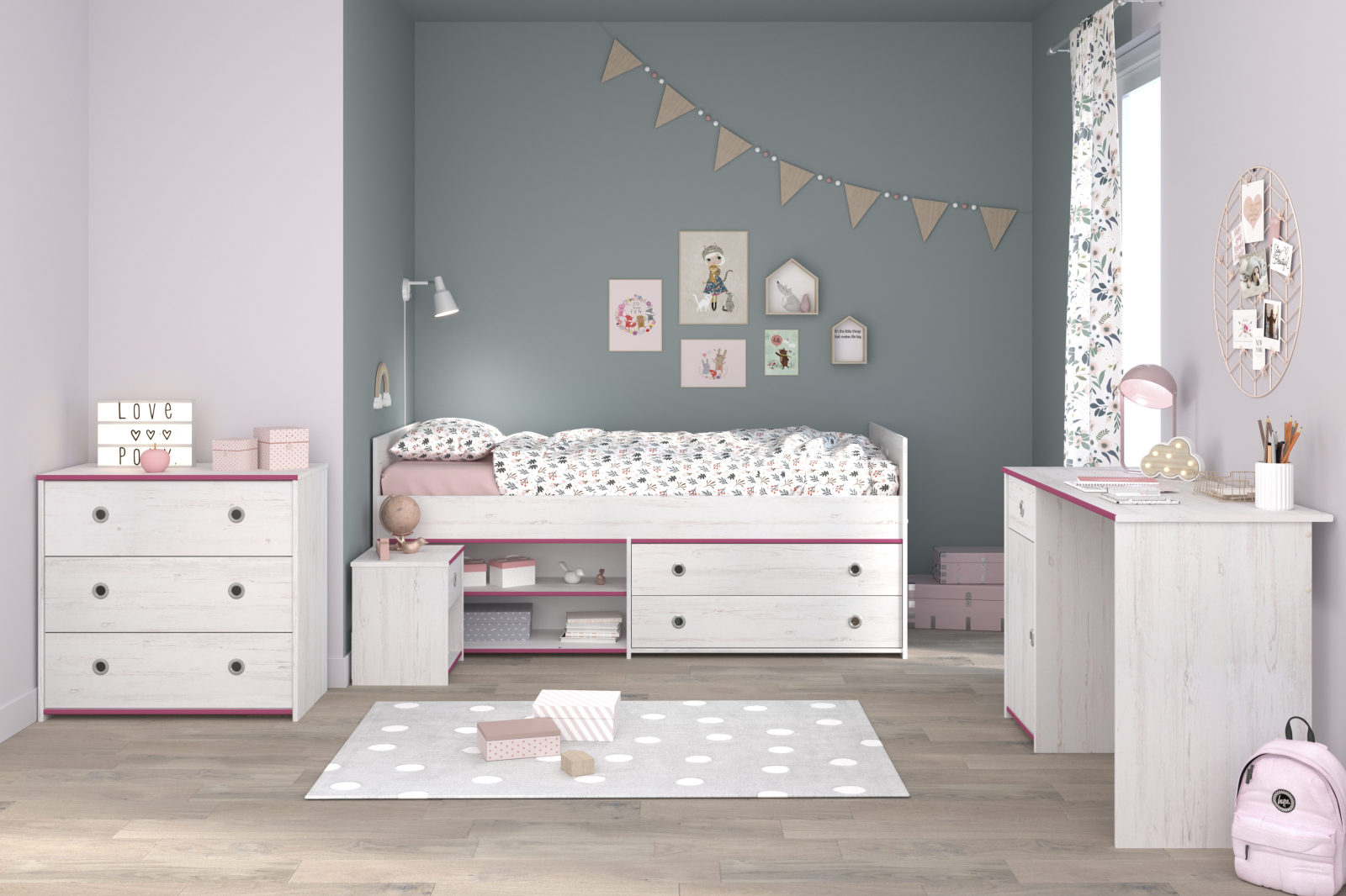4-teiliges Kinderzimmer SMOOZY 37 - Kiefer-weiß - Kanten drehbar (blau/pink)