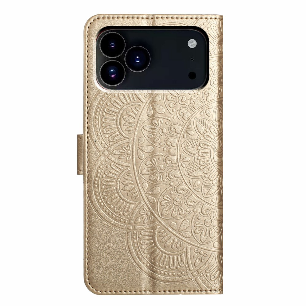 iPhone 17 Pro Max Leder Tasche Wallet - Mandala Flowers Imprint - Gold